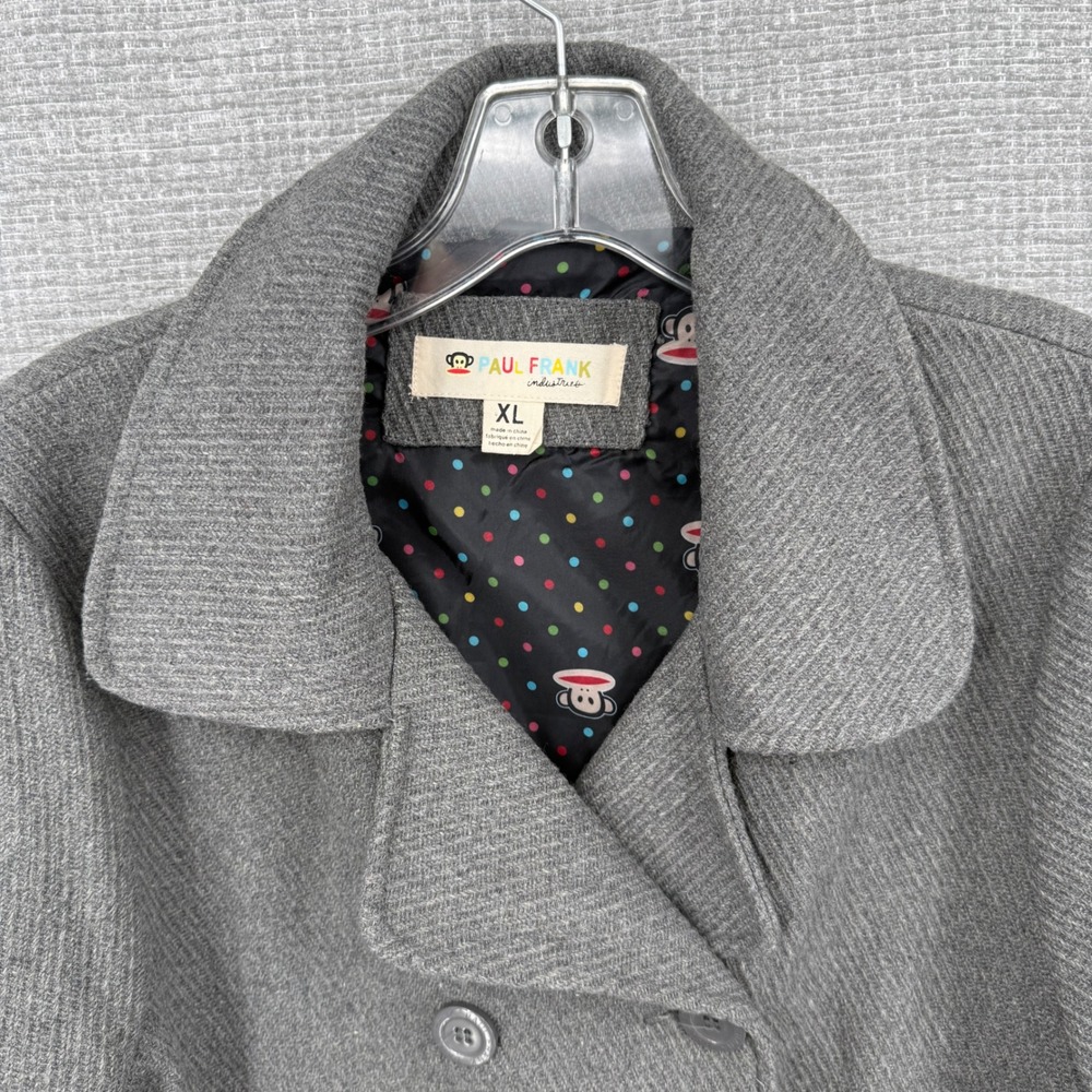 Vintage Paul Frank Pea Coat Women XL Gray Wool Blend Polka Dot Lining Y2K - Picture 10 of 12